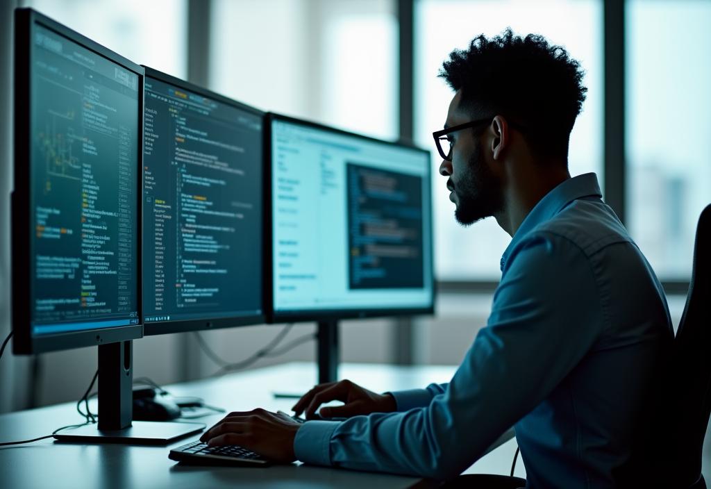 Specialist security consultant analyzing data on multiple monitors