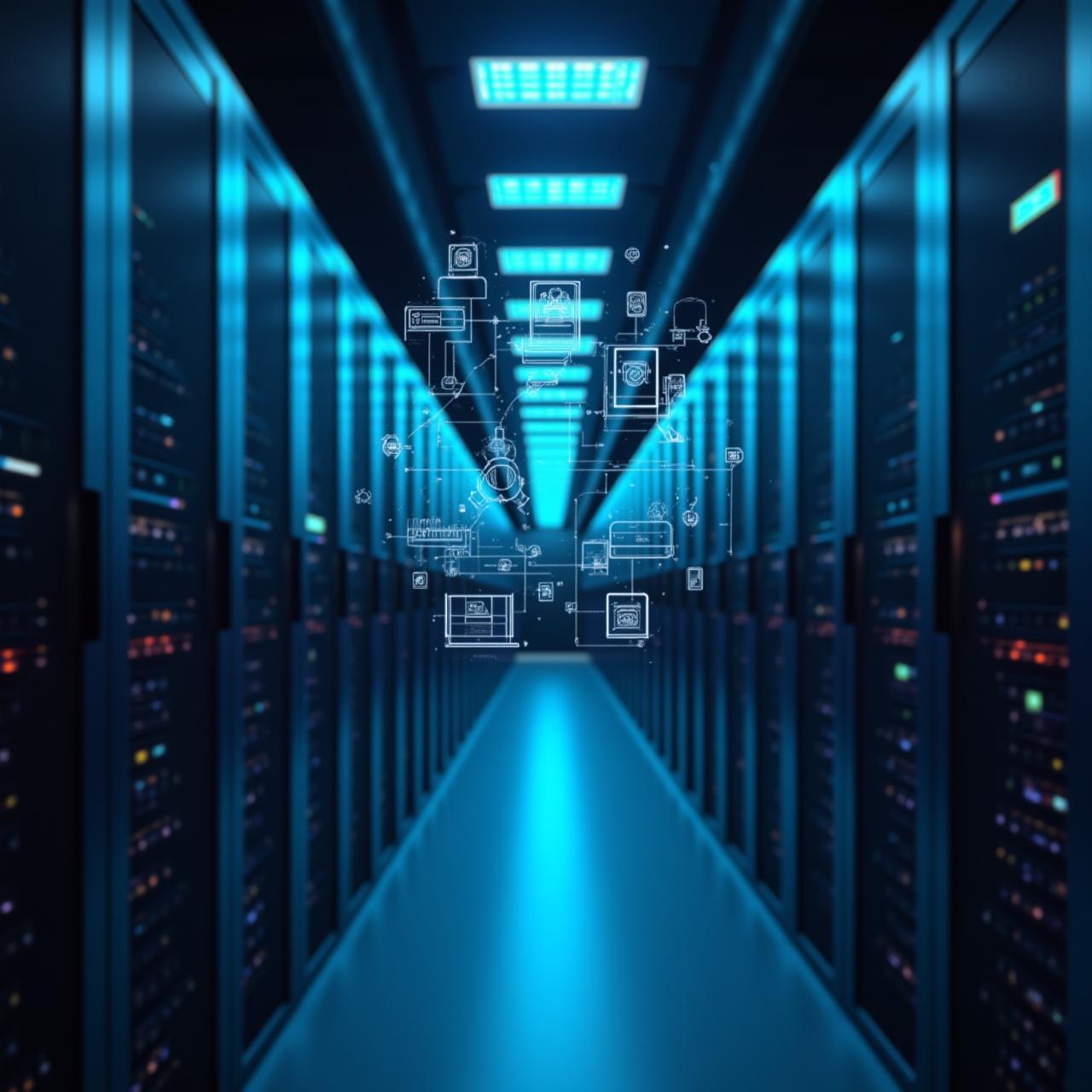 High-tech server room with glowing blue security indicators
