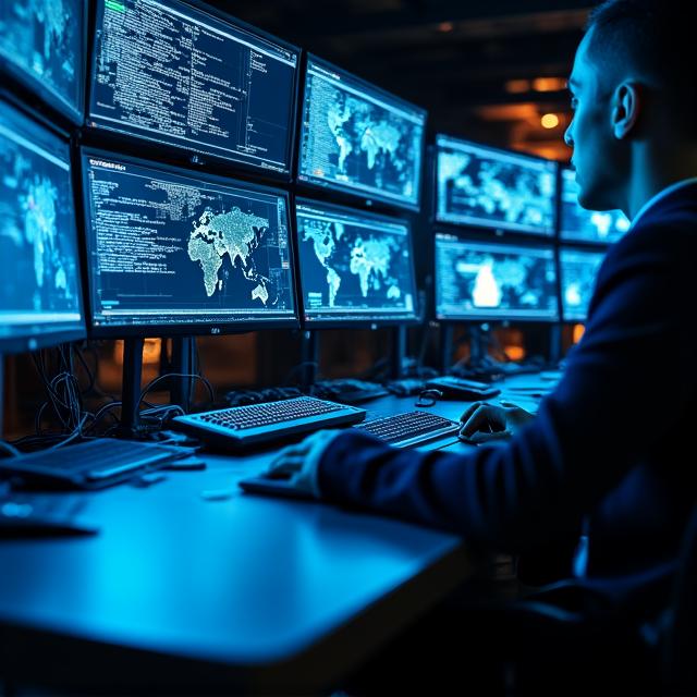 High-tech cybersecurity operations center dashboard